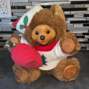 Vtg William Ting Louie Teddy Bear Wooden Face 92 Christmas Holiday Winter Raikes
